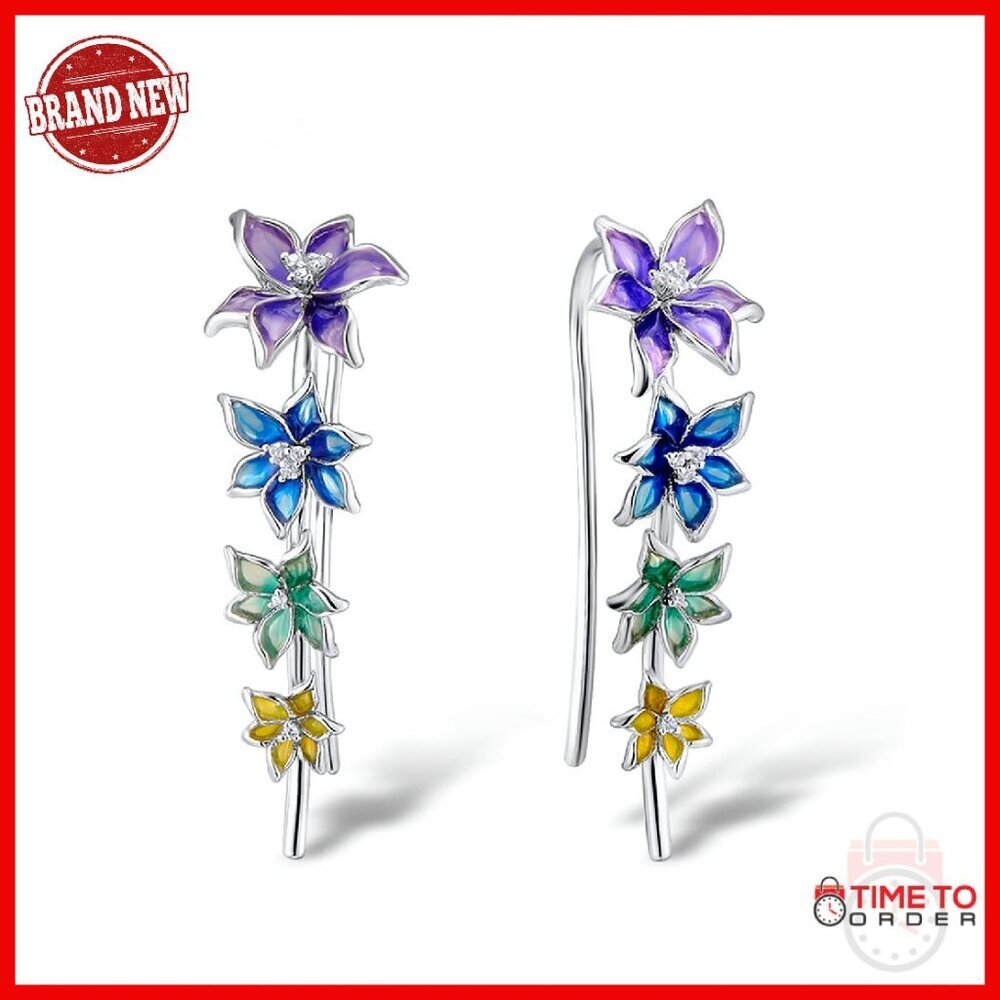 925 Sterling Silver Enamel Flower Ear Cuffs Climber Earrings for Women